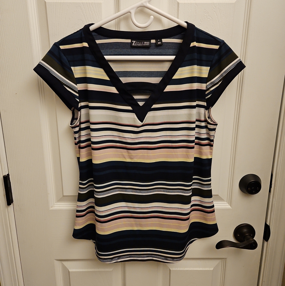 Zac & Rachel Navy Multi-Stripe V-Neck Short Sleeve Tee